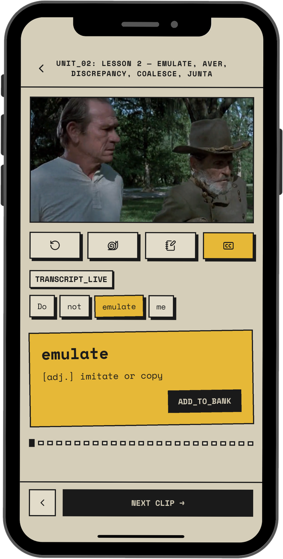 GRE Movie Vocabulary app: the GRE word emulate highlighted in a movie clip transcript