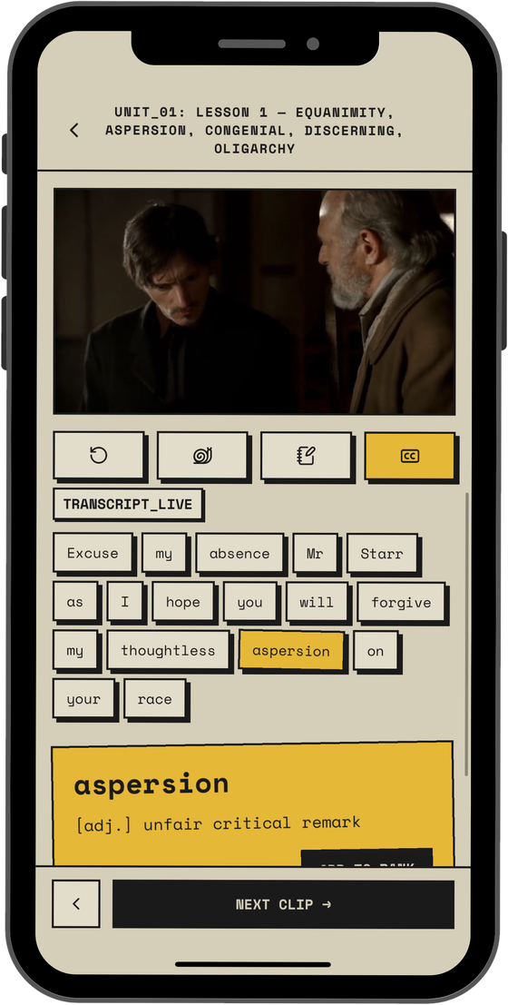 Movie clip with live transcript highlighting the GRE word aspersion
