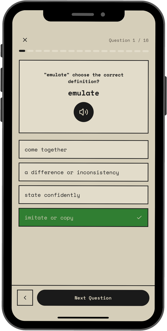 Multiple choice quiz with audio pronunciation of the GRE word emulate